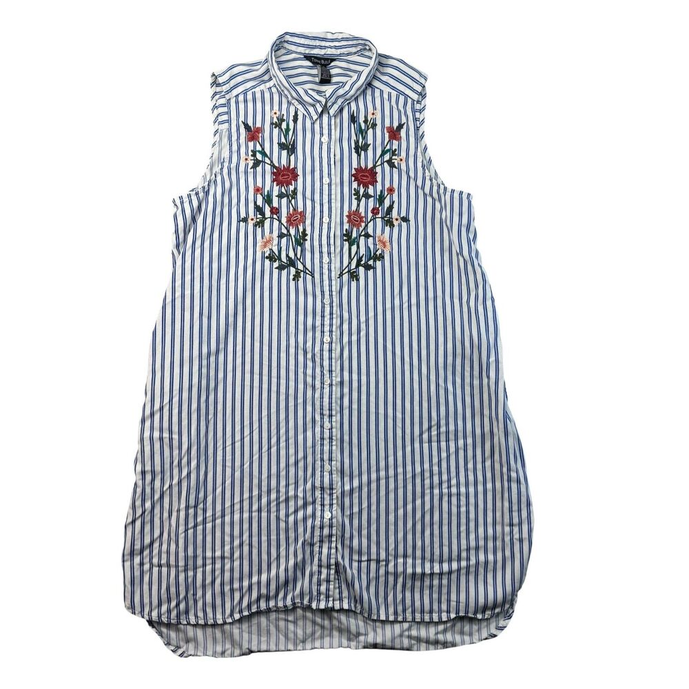 Terre Bleue Dress Womens Large White Blue Striped Floral Embroidered Pockets Top